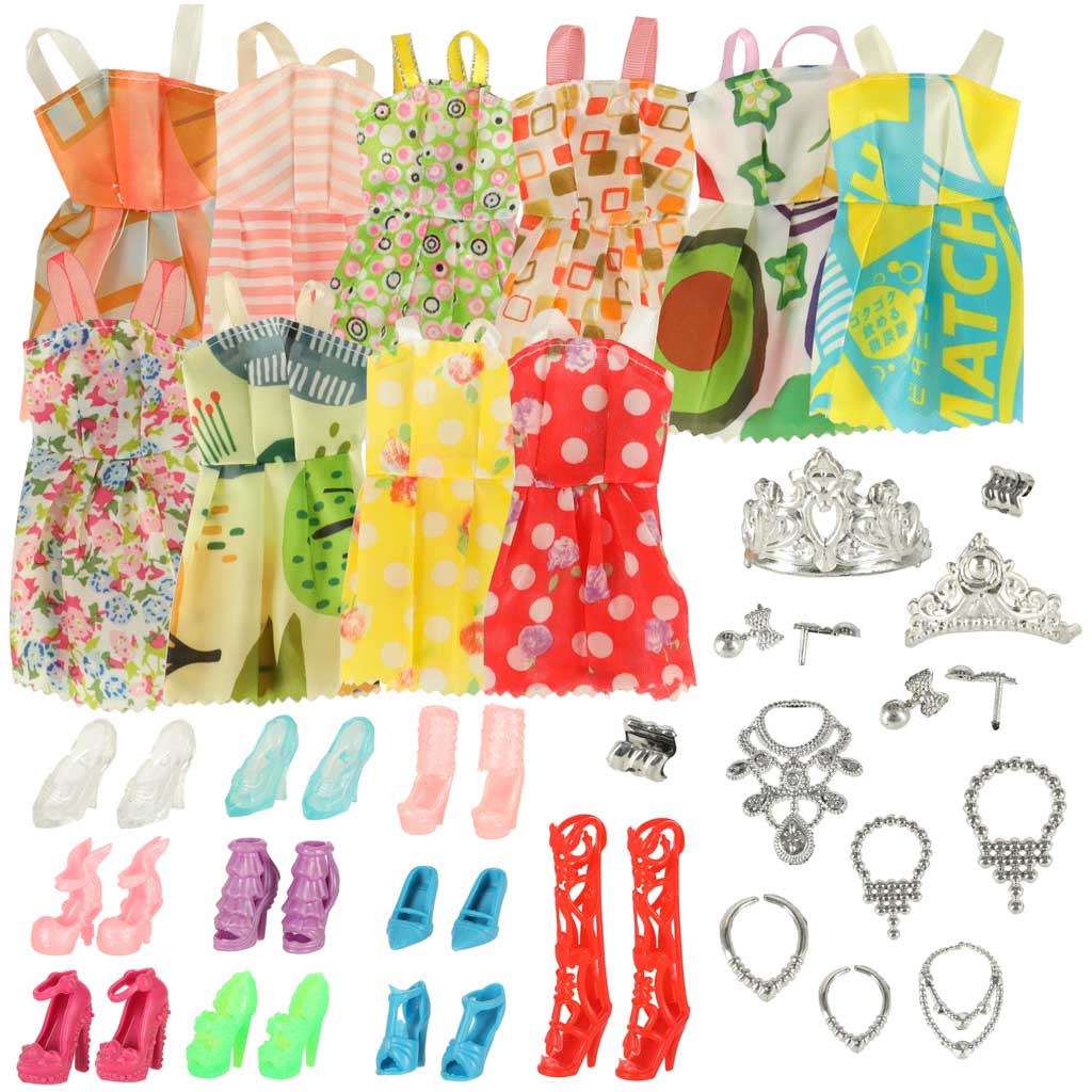 Ubranka dla lalek sukienki buciki bizuteria duzy zestaw XL 43 elementy