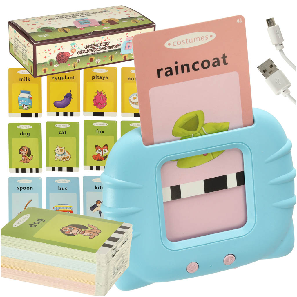 Zabawka edukacyjna czytnik do fiszek kart edukacyjnych do nauki slowek z jezyka angielskiego 112 kart niebieski
