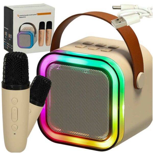Zestaw do karaoke 2 mikrofony glosnik przenosny BLUETOOTH USB LED bezowy Zestaw do karaoke 2 mikrofony glosnik przenosny BLUETOOTH USB LED bezowy