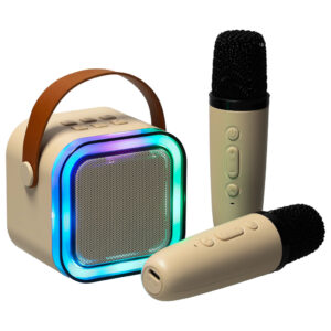 Zestaw do karaoke 2 mikrofony glosnik przenosny BLUETOOTH USB LED bezowy