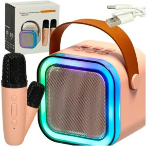 Zestaw do karaoke 2 mikrofony glosnik przenosny BLUETOOTH USB LED rozowy