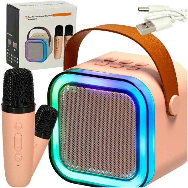 Zestaw do karaoke 2 mikrofony glosnik przenosny BLUETOOTH USB LED rozowy Zestaw do karaoke 2 mikrofony glosnik przenosny BLUETOOTH USB LED rozowy