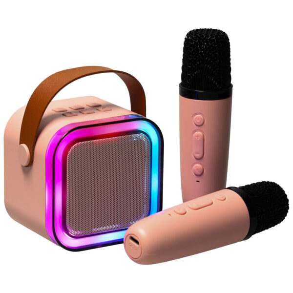 Zestaw do karaoke 2 mikrofony glosnik przenosny BLUETOOTH USB LED rozowy