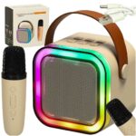 Zestaw do karaoke mikrofon glosnik przenosny BLUETOOTH USB LED bezowy