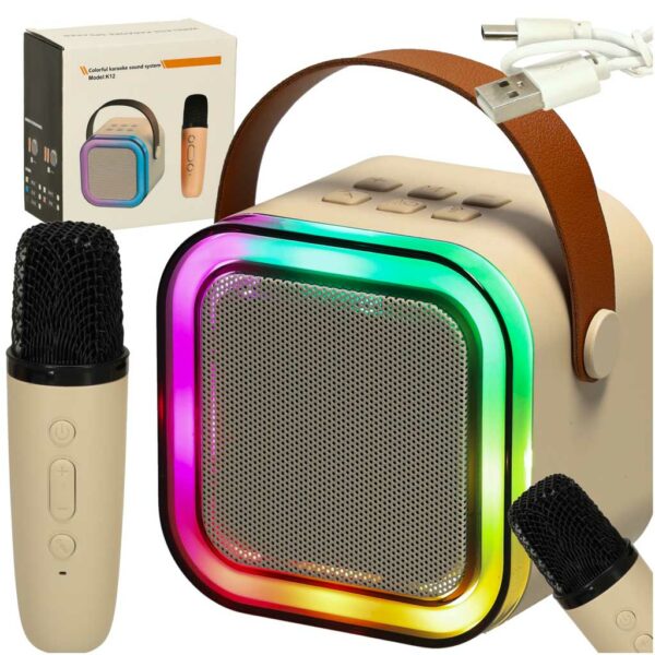 Zestaw do karaoke mikrofon glosnik przenosny BLUETOOTH USB LED bezowy Zestaw do karaoke mikrofon glosnik przenosny BLUETOOTH USB LED bezowy