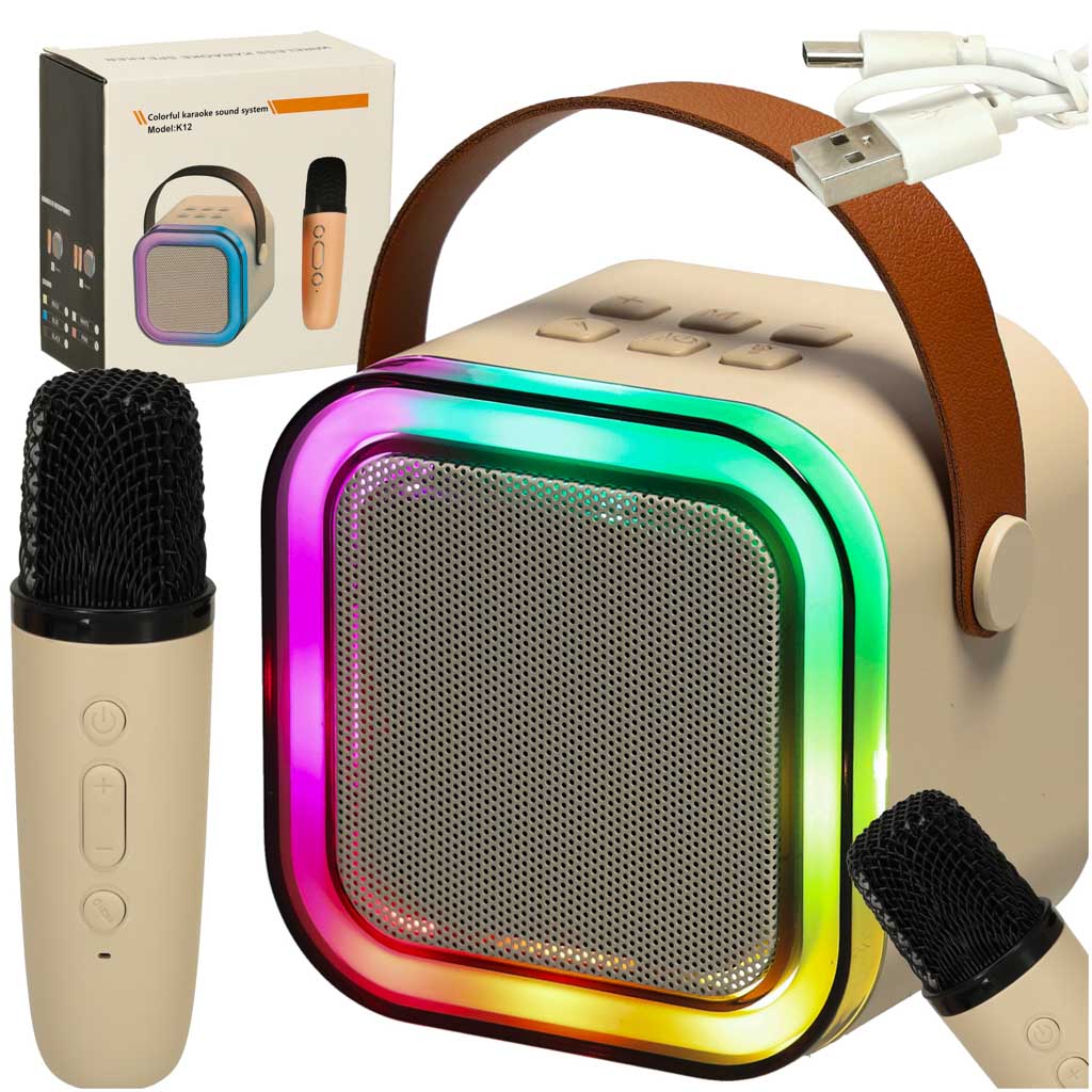 Zestaw do karaoke mikrofon glosnik przenosny BLUETOOTH USB LED bezowy
