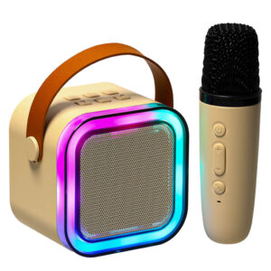 Zestaw do karaoke mikrofon glosnik przenosny BLUETOOTH USB LED bezowy