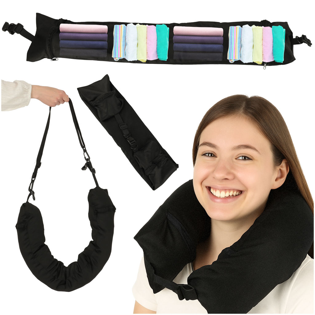 Poduszka turystyczna podrozna rogal zaglowek na szyje schowek do wypelnienia czarna