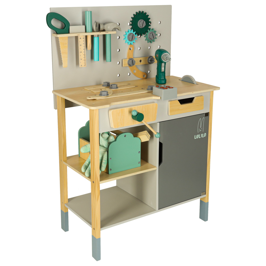 Warsztat drewniany LULILO Fikso zestaw malego majsterkowicza z narzedziami pila wkretarka dzwieki 86cm