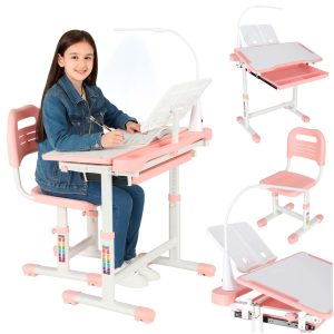 Kinder-Schulpult mit verstellbarem Stuhl und LED-Lampe USB rosa 175610.jpg