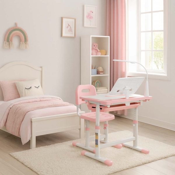 Kinder-Schulpult mit verstellbarem Stuhl und LED-Lampe USB rosa 175621.jpg