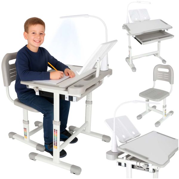 Kinder-Schulpult mit verstellbarem Stuhl und LED-Lampe und USB-Anschluss, grau, 175577 Kinder-Schulpult mit verstellbarem Stuhl und LED-Lampe, USB, grau 175577.jpg