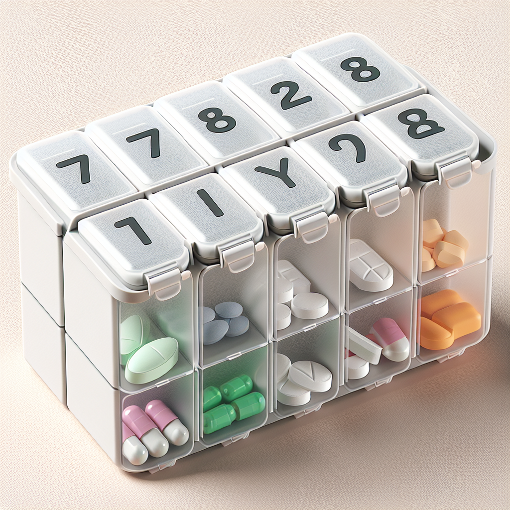 Kompaktowy organizer na leki z siedmioma kolorowymi pojemnikami i naklejkami w czterech językach